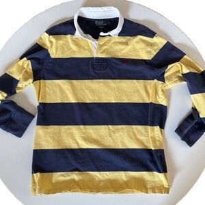 Polo Ralph Lauren Vintage 90s Mens L Rugby Polo L/S Shirt Yellow Navy Striped